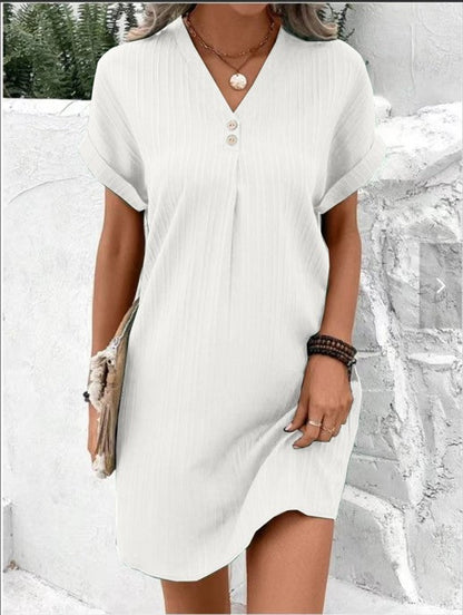 Button-Front V-Neck Dress – Short Sleeve Solid Casual Shirt Dress