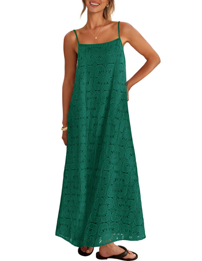 2026 Casual Sleeveless Floral Lace Eyelet Boho Beach Maxi Dress