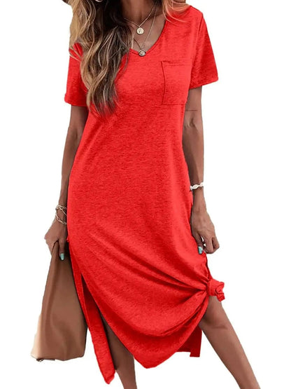 Casual Short Sleeve V Neck Maxi Dresses Loose Side Slit Long Tshirt Dress with Pocket