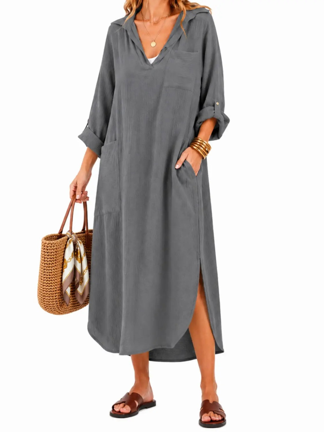 Womens Casual Loose Long Shirt Dress Side Split Dresses with Pockets