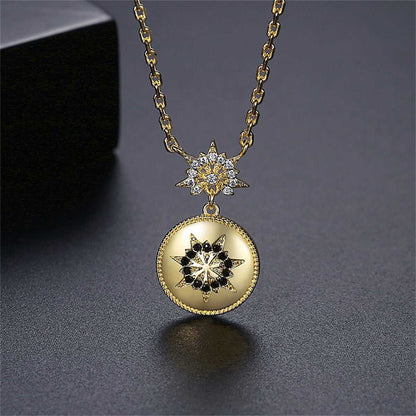 Black Cubic Zirconia & Goldtone Floral Round Pendant Necklace