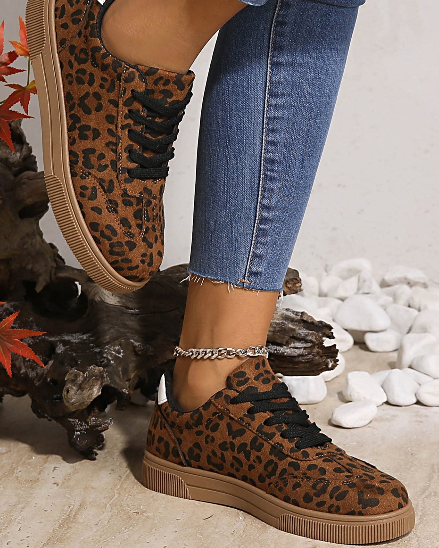 Coffee Leopard Print Contrast Heel Tab Sneaker