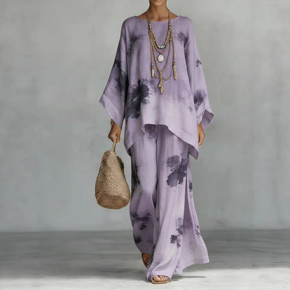 Floral Print Bamboo Linen Two-Piece Set | Wide-Leg Pants