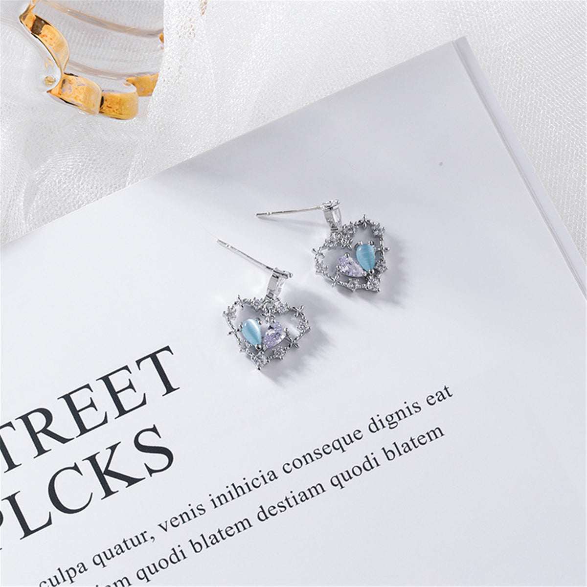 Cat's Eye & Crystal Cubic Zirconia Silvertone Heart Drop Earrings