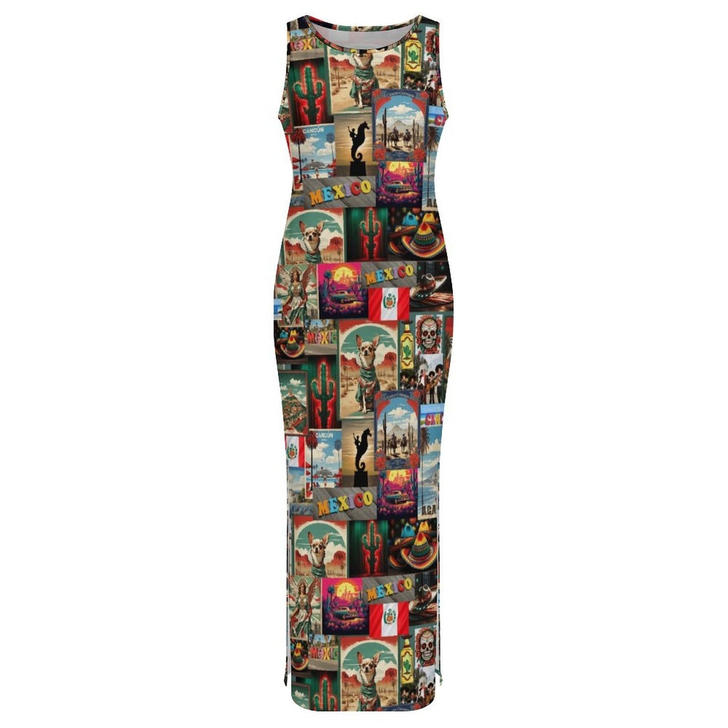 Baha Ranch Colores De Mexico Destination Mexico Sleeveless Bodycon Side Slit Long Dress