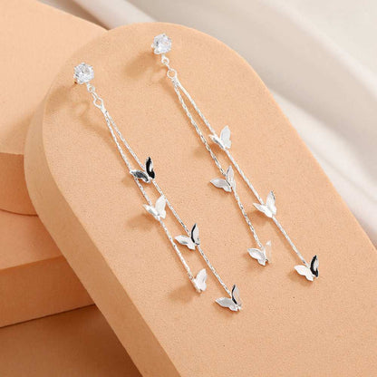 Cubic Zirconia & Silvertone Butterfly Double-Strand Drop Earrings