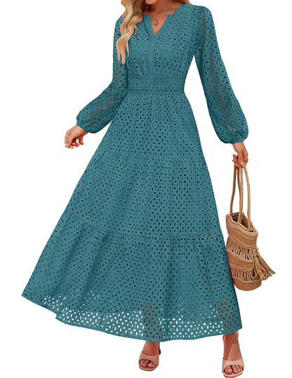Women's 2026 V Neck Hollow Out Eyelet A Line Long Flowy Dresses