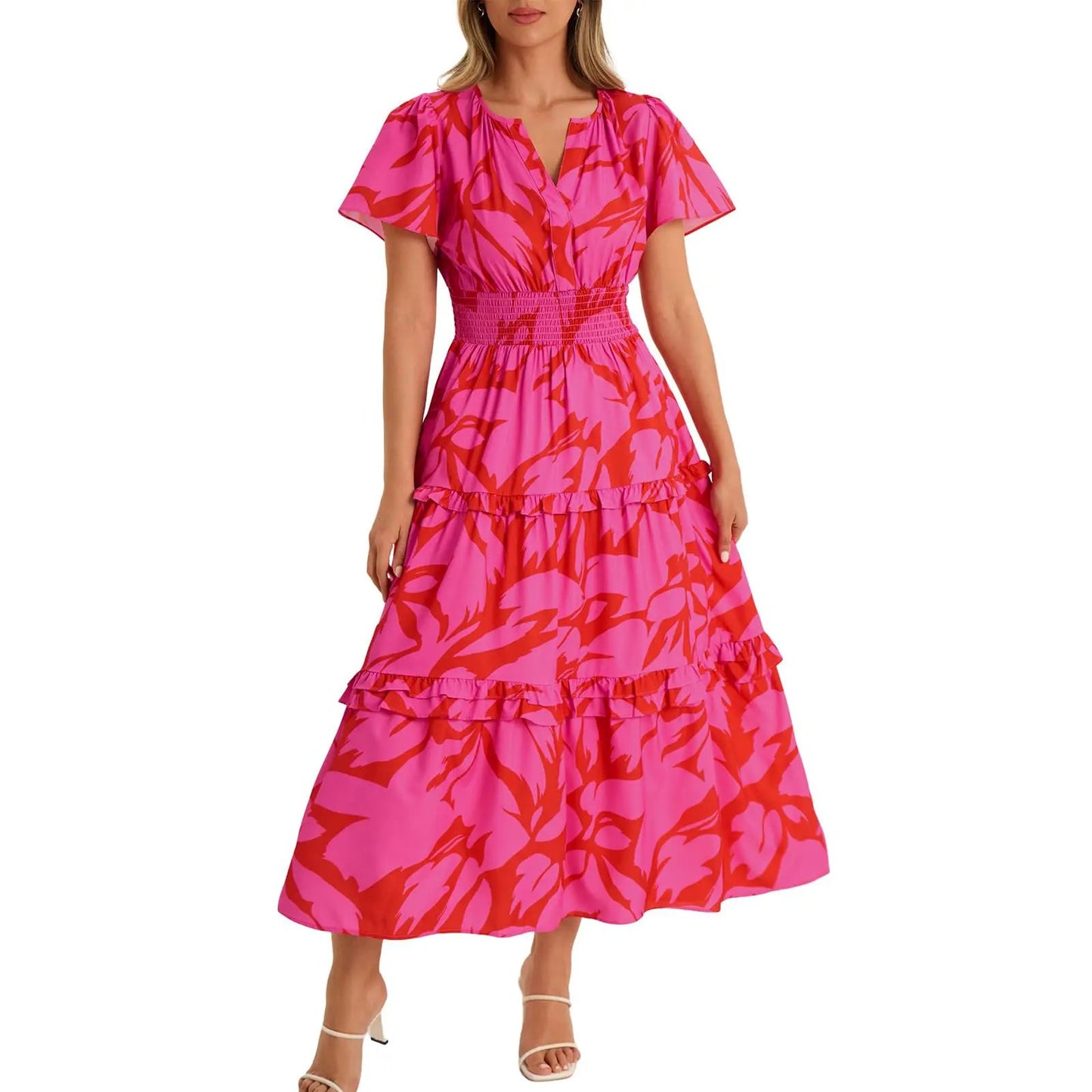 Women‘s Summer Short Sleeve Maxi Dresses Casual Floral
