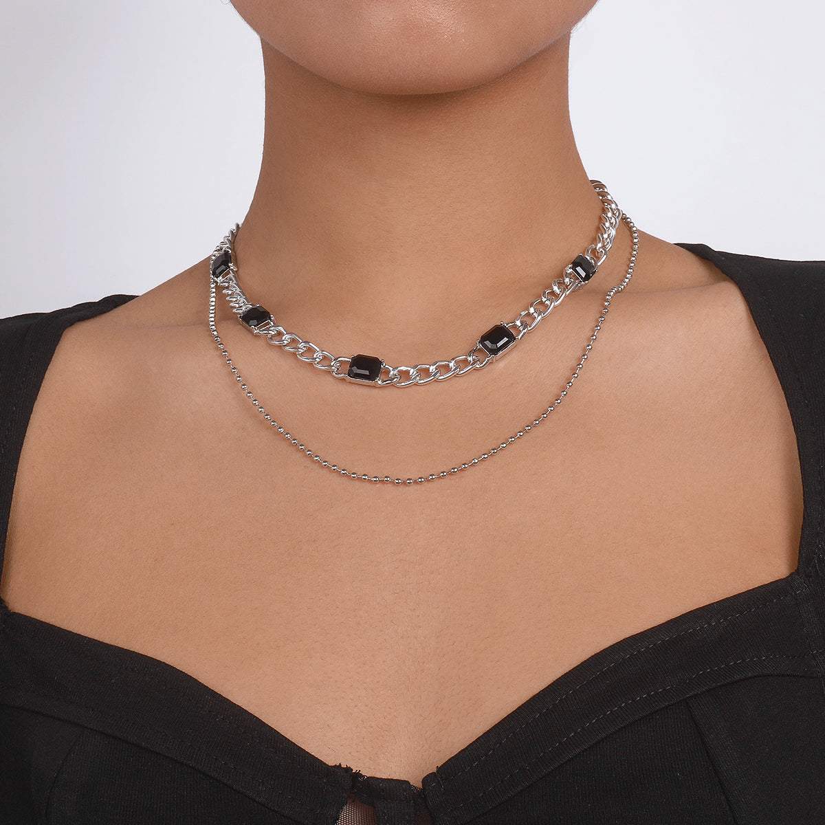Black Crystal & Silvertone Dual-Chain Station Layered Necklace