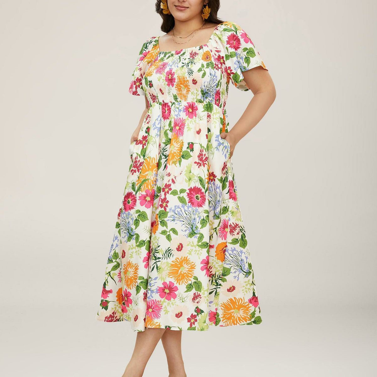 Floral Square Neck Midi Dress with Pockets