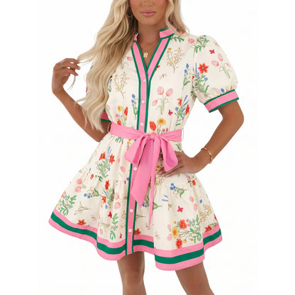 V Neck Puff Sleeve Floral Belted Tiered Mini Dress