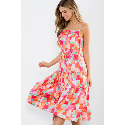 ELLIE- Sleeveless Multi Color Tiered Dress in Abstract Print