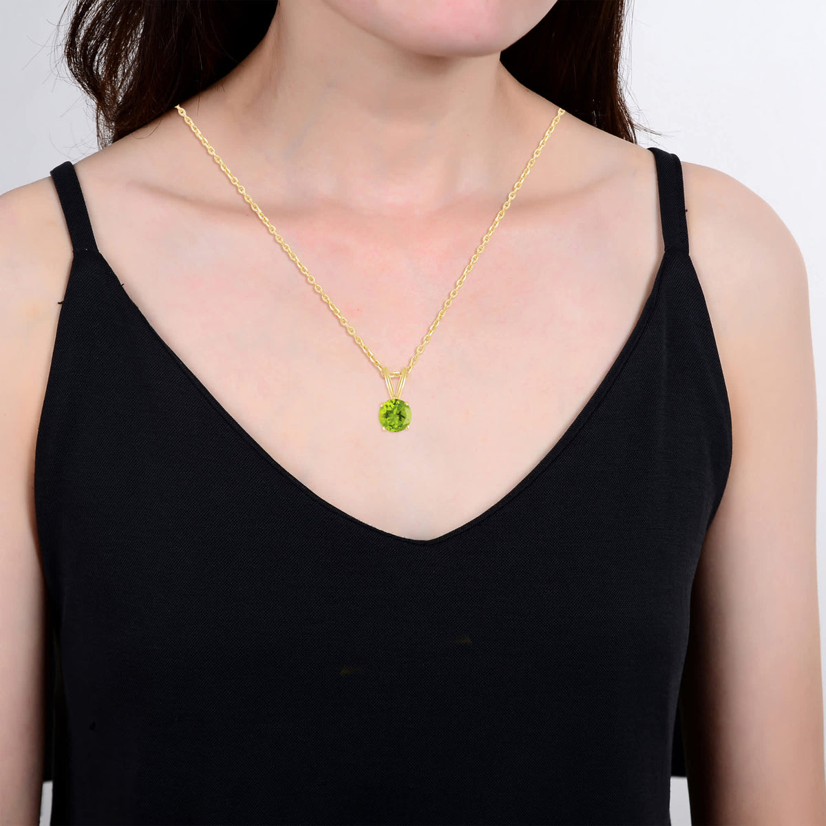 Gold Over Sterling Silver Round Shape Natural Peridot Solitaire Pendant with 18"Cable Chain