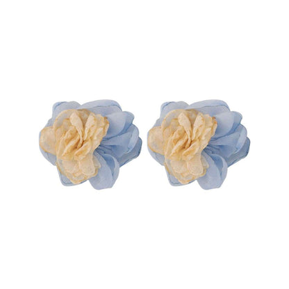 Beige & Blue Chiffon Flower Stud Earrings