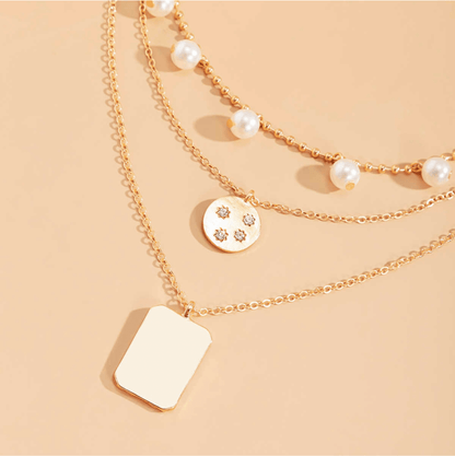 Goldtone Multi-Layer Disk Rectangle Necklace With Pearls Crystals