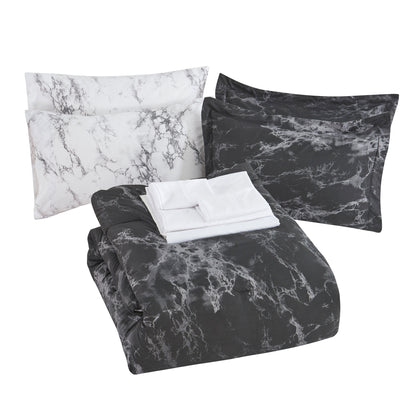 Elegant Comfort Reversible 10-Piece Marble Print Comforter Set, Includes 6-Piece Sheet Set with Double Sided Storage Pockets