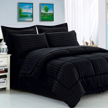 Elegant Comfort 8-Piece Dobby Stripe Comforter Set - Includes 4-Piece Sheet Set with Double Sided Storage Pockets