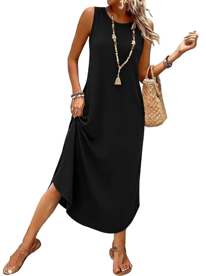 Women's Sleeveless Print Maxi Dress with Pockets