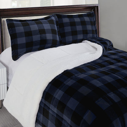 Elegant Comfort 3-Piece Buffalo Micro-Suede Reversible Sherpa - Lodge-Plaid Pattern Comforter Set