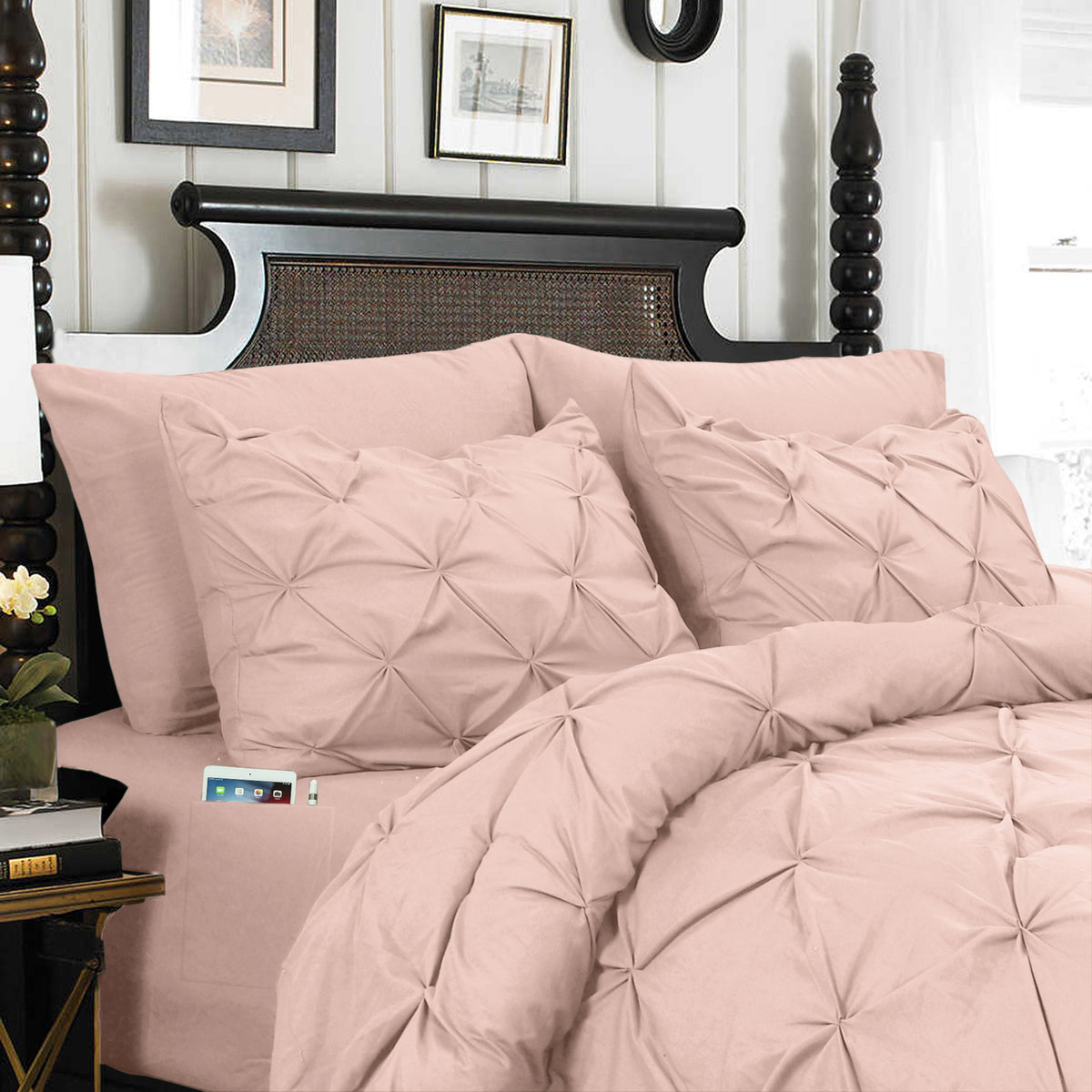 Elegant Comfort 8-Piece Pintuck Pinch Pleated Comforter Set - Includes 4-Piece Sheet Set with Double Sided Storage Pockets