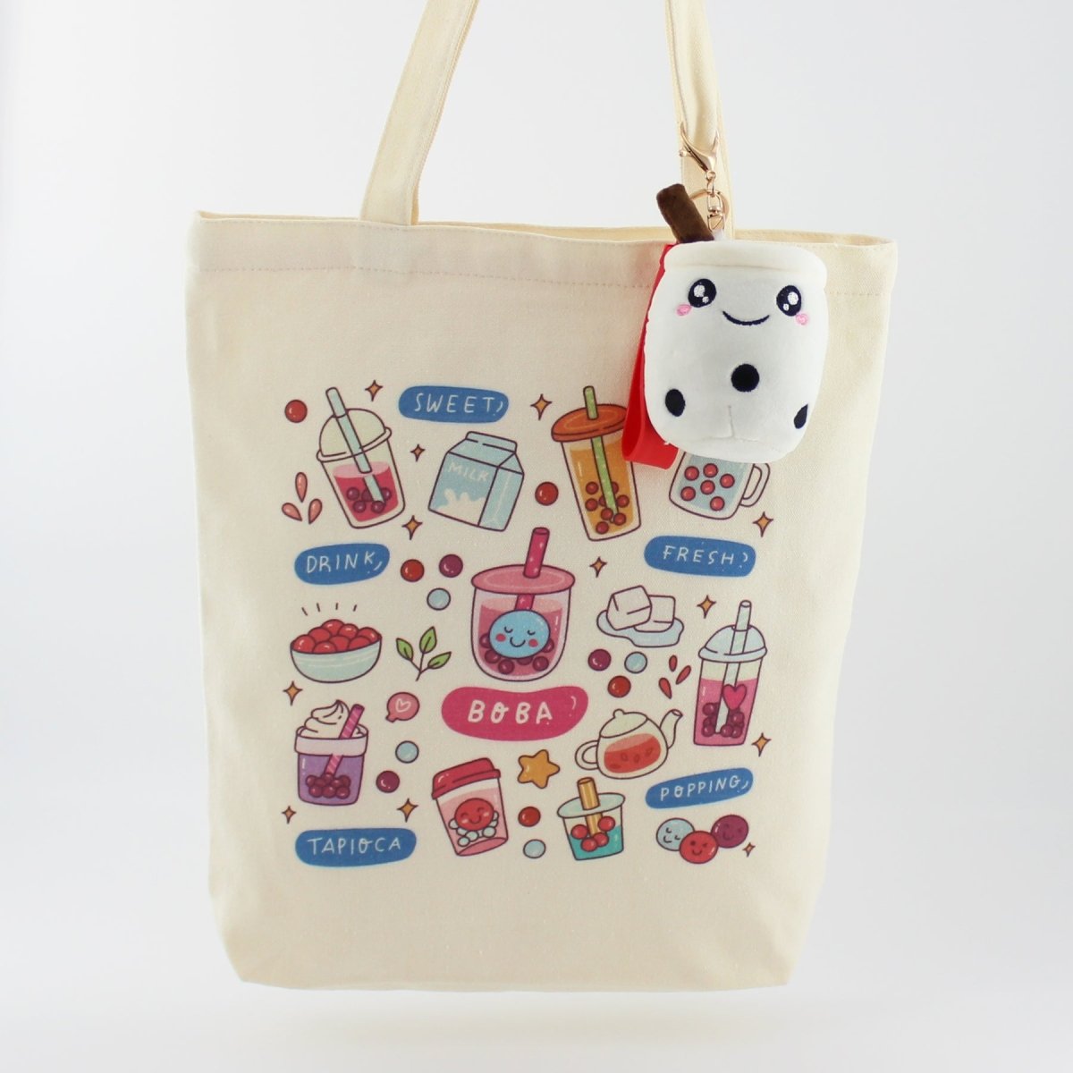 Cream Boba Tote – Canvas Bag with Enamel Pin & Keychain Gift