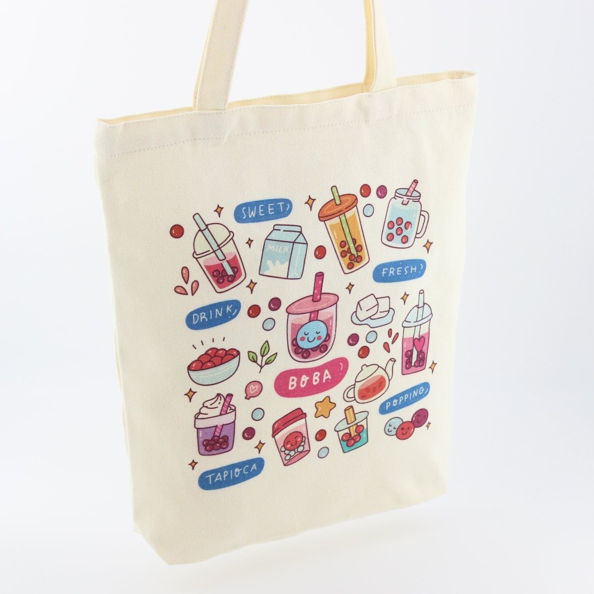 Cream Boba Tote – Canvas Bag with Enamel Pin & Keychain Gift