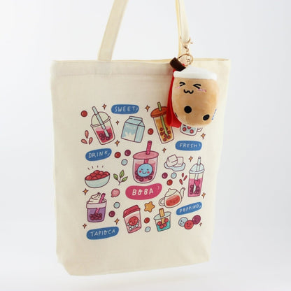 Cream Boba Tote – Canvas Bag with Enamel Pin & Keychain Gift