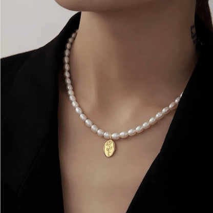 Freshwater Pearl With Goldtone Rose Flower Pendant Necklace