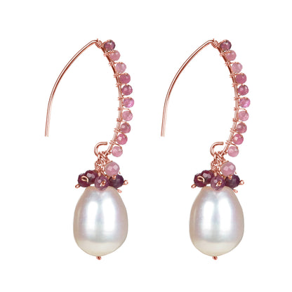 Freshwater Pearl and Natural Pink Tourmoline 18K Rose Gold Plated Sterling Silver Dangle Earring