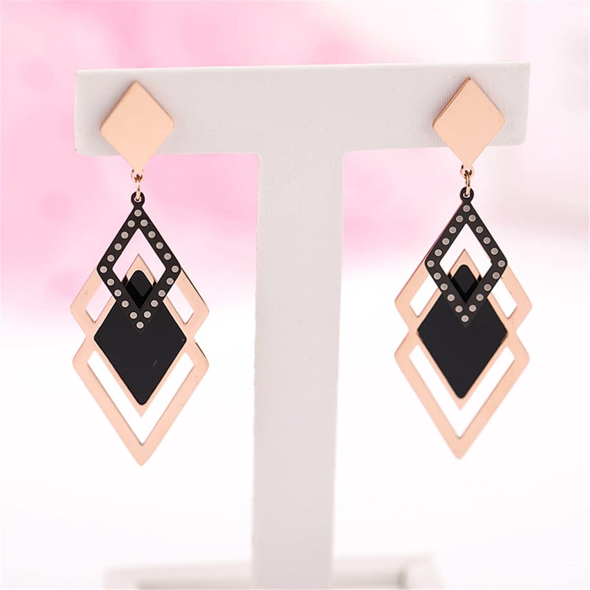 Black Acrylic & Rose Goldtone Rhombus-Cut Drop Earrings