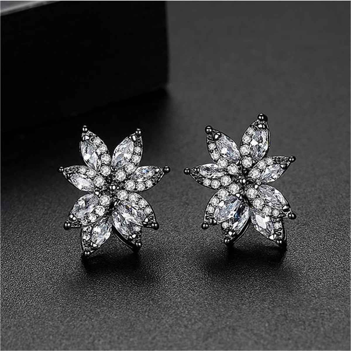 Black Crystal & Cubic Zirconia Flower Stud Earrings