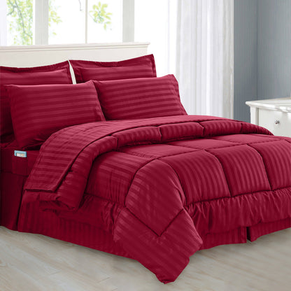 Elegant Comfort 8-Piece Dobby Stripe Comforter Set - Includes 4-Piece Sheet Set with Double Sided Storage Pockets