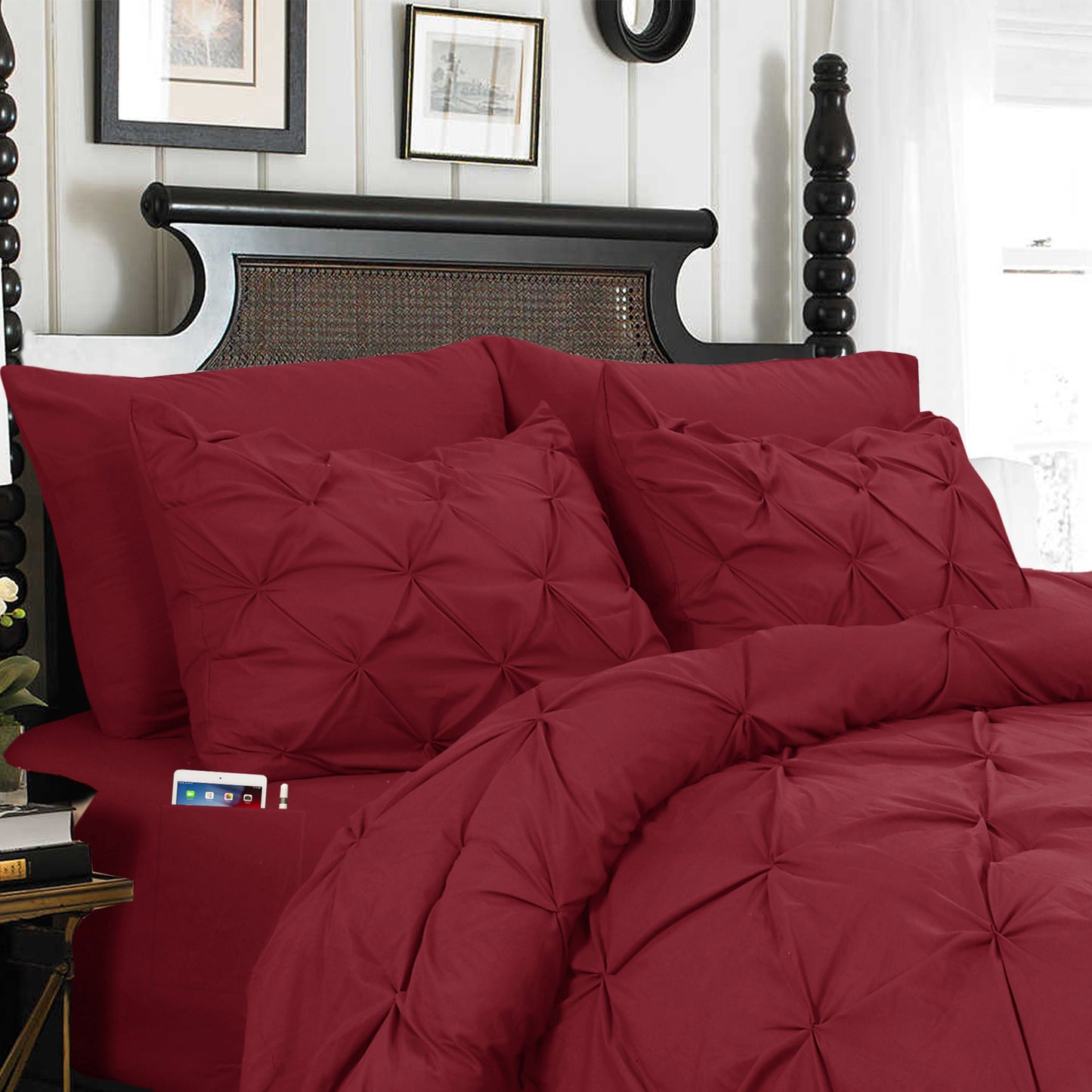 Elegant Comfort 8-Piece Pintuck Pinch Pleated Comforter Set - Includes 4-Piece Sheet Set with Double Sided Storage Pockets