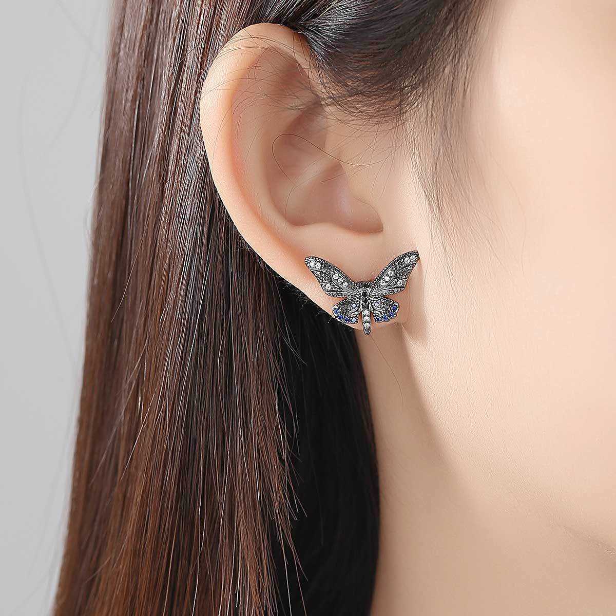 Black Cubic Zirconia & Blacktone Butterfly Stud Earrings