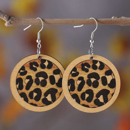 Beige & Silvertone Leopard Round Drop Earrings
