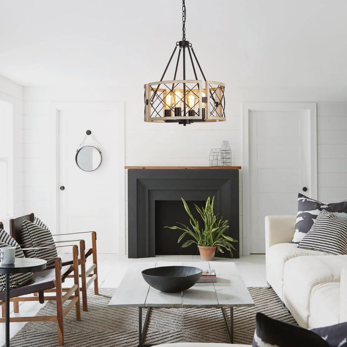 D19 Inch Rustic 4 Light Chandelier Black And White Oak by ShipItFurniture