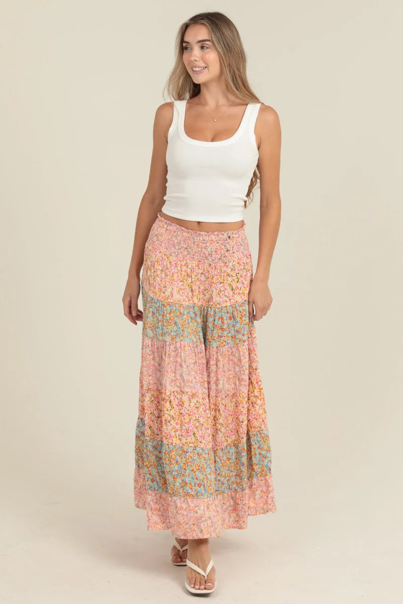 Angie Mixed Print Tiered A Line Maxi Skirt - Pink