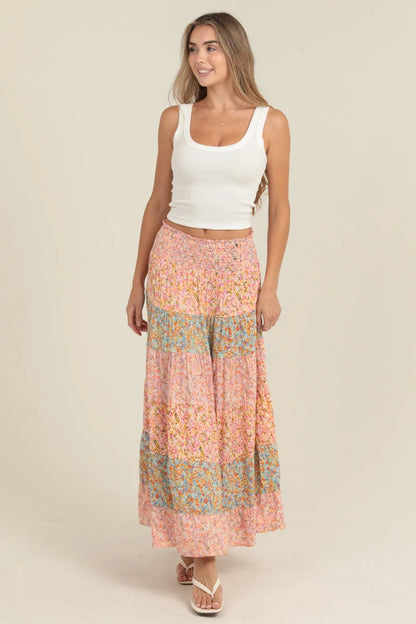 Angie Mixed Print Tiered A Line Maxi Skirt - Pink