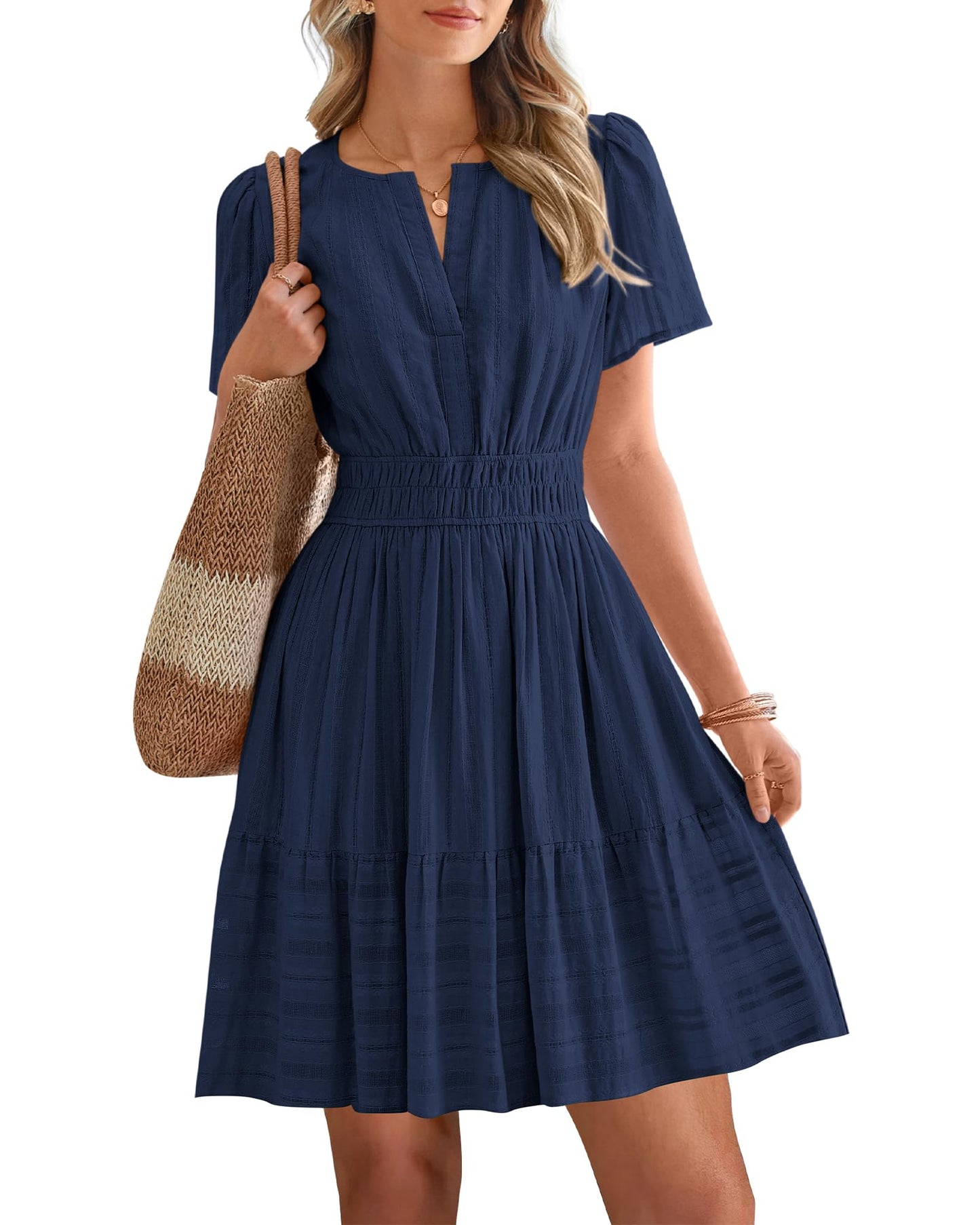 Women's V-Neck Elastic Waist Tiered Mini Dress