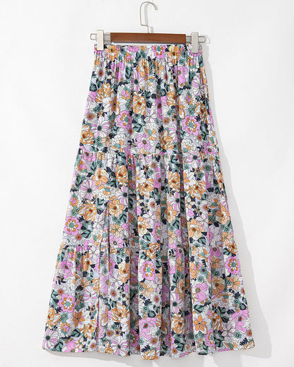 Alethea Bohemian Floral Print Tiered Maxi Skirt with Split - Sky Blue