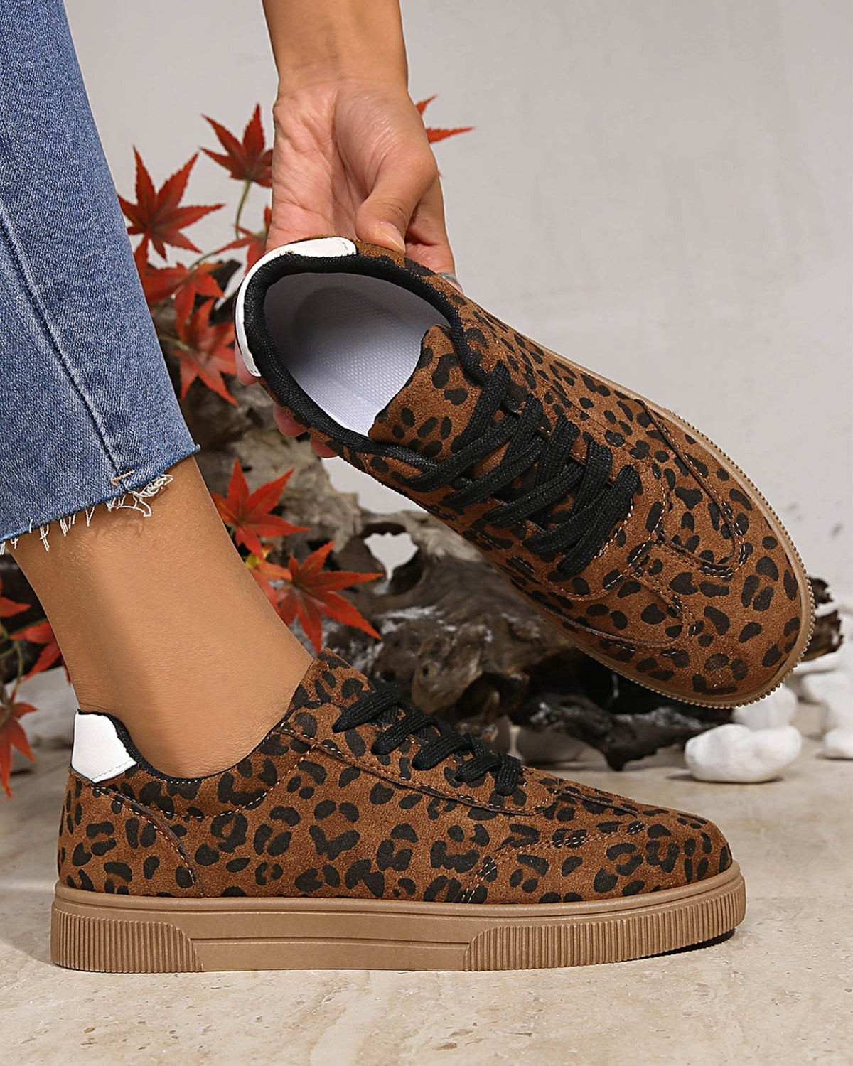 Coffee Leopard Print Contrast Heel Tab Sneaker