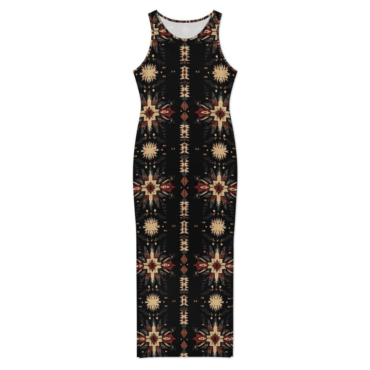 Baha Ranch Black and Tan Aztec Bodycon Side Slit Western Maxi Dress