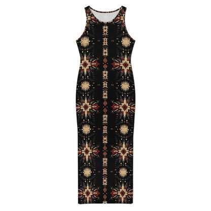 Baha Ranch Black and Tan Aztec Bodycon Side Slit Western Maxi Dress