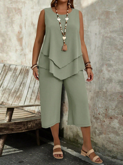 Casual Solid-Colored Sleeveless Top And Cropped Pants Two-Piece Set