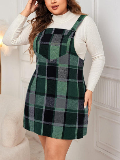 Plus Size Plaid Print Pocket Pinafore Dress
