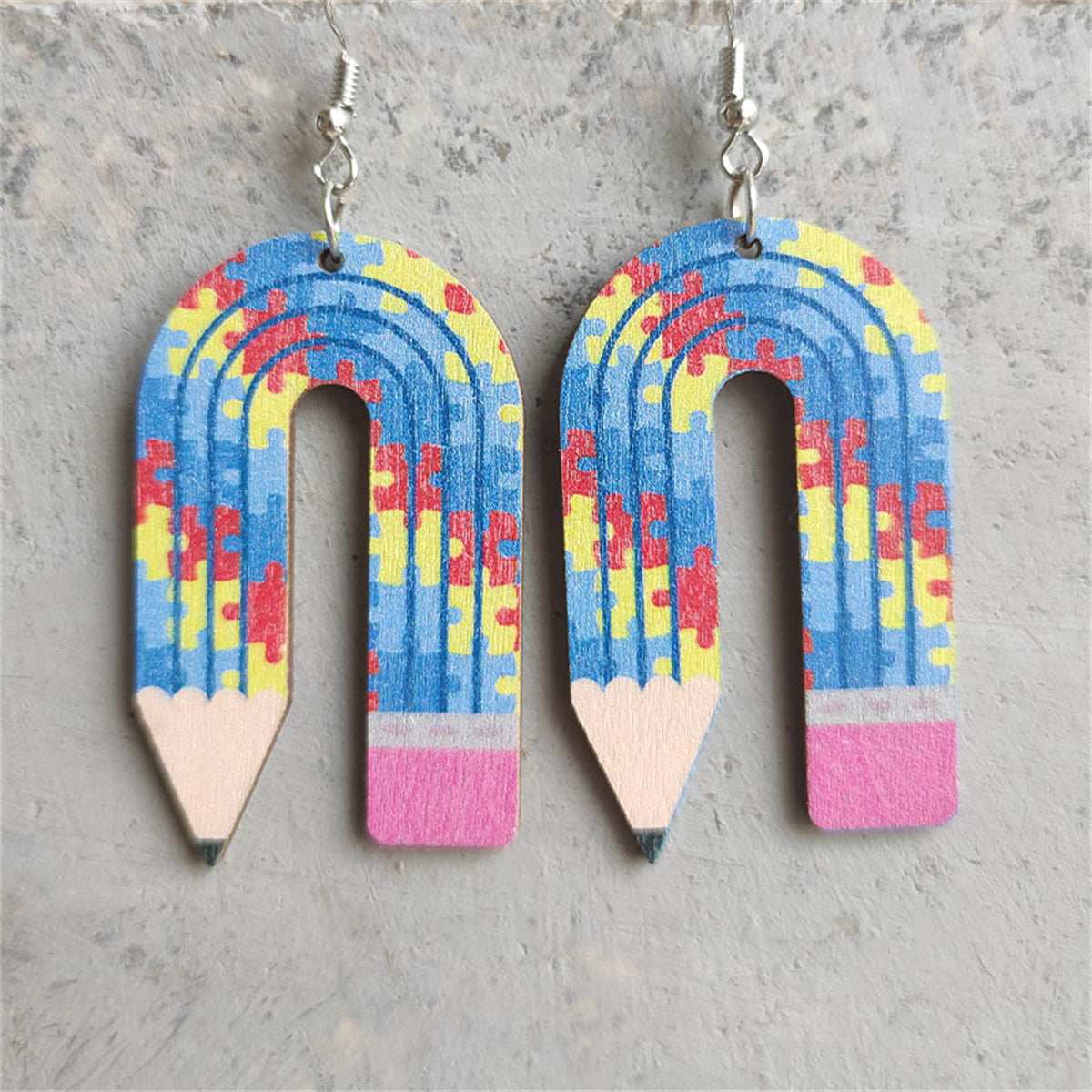 Blue Wood & Silvertone Pencil Drop Earrings