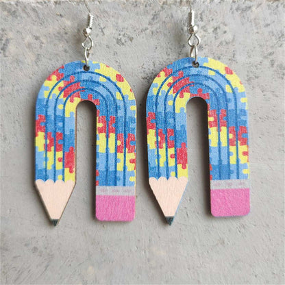 Blue Wood & Silvertone Pencil Drop Earrings