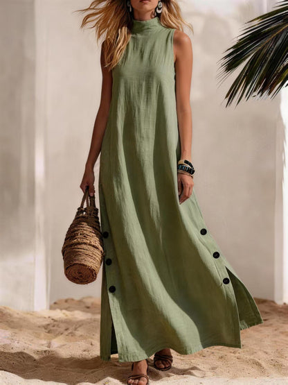 Cotton Linen Sleeveless Midi Dress – Side Slits & Loose Fit