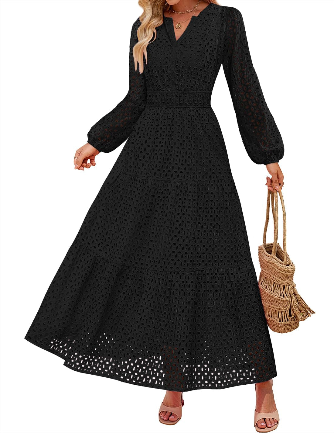 Women's 2026 V Neck Hollow Out Eyelet A Line Long Flowy Dresses