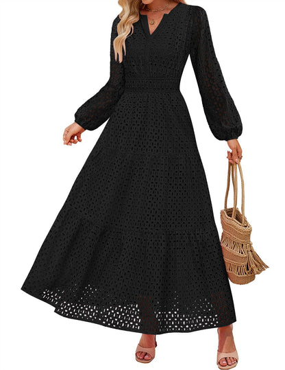 Women's 2026 V Neck Hollow Out Eyelet A Line Long Flowy Dresses